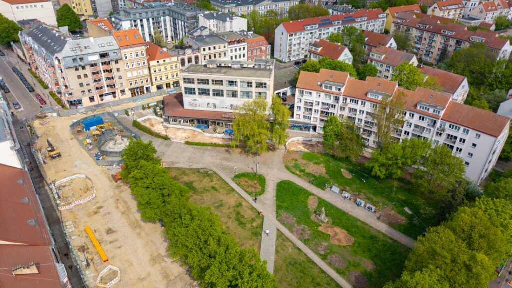 Placu Orła Białego w Szczecinie w trakcie przebudowy, widok z lotu ptaka